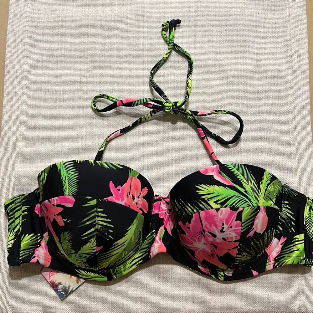 Tropical Print Bustier Padded Swim Top